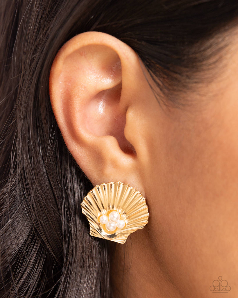 Oyster Opulence - Gold Post Earring-Paparazzi