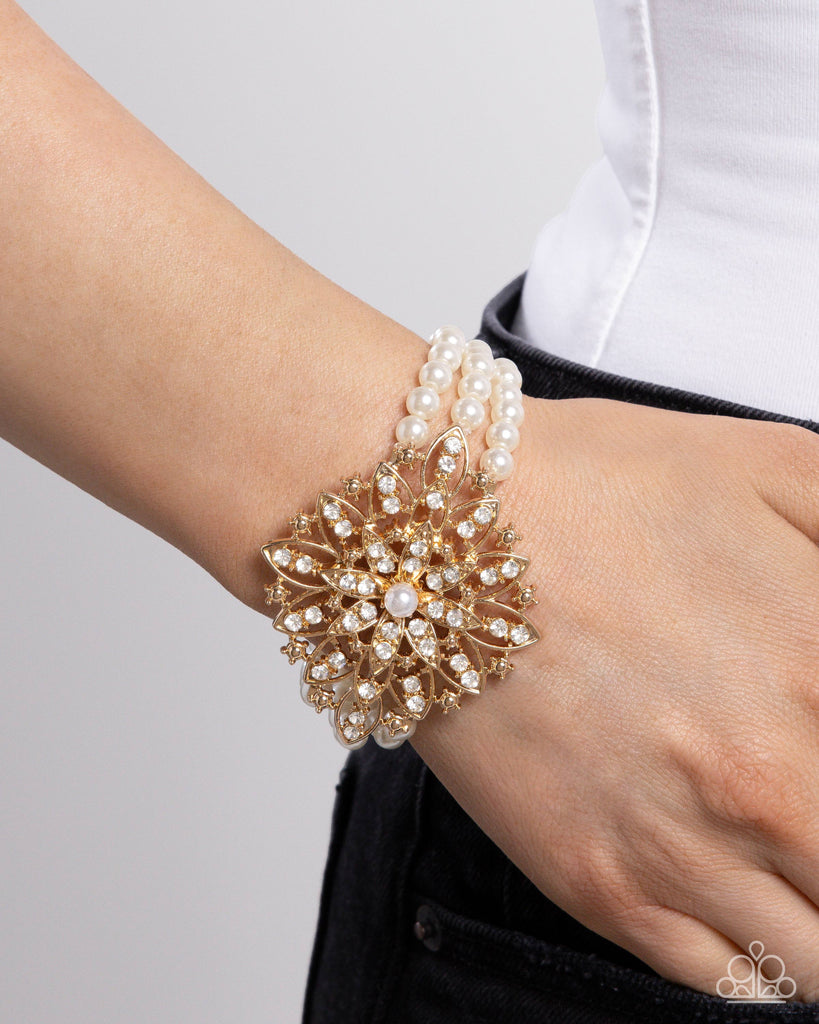 Flattering Floral - Gold Pearl Bracelet-Paparazzi - The Sassy Sparkle