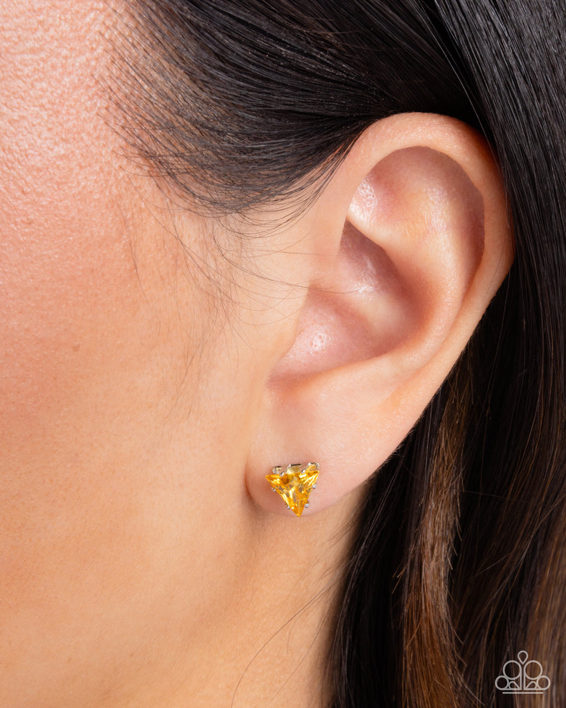 Triangular Twinkle - Yellow Post Earring-Paparazzi