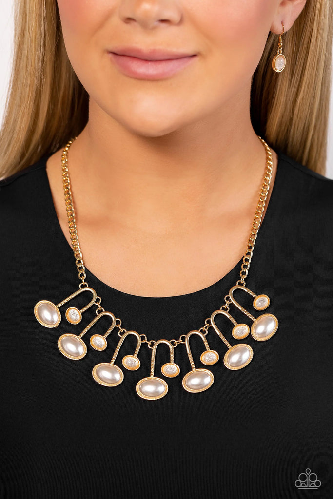 Abstract Adornment - Gold Pearl Necklace-Paparazzi