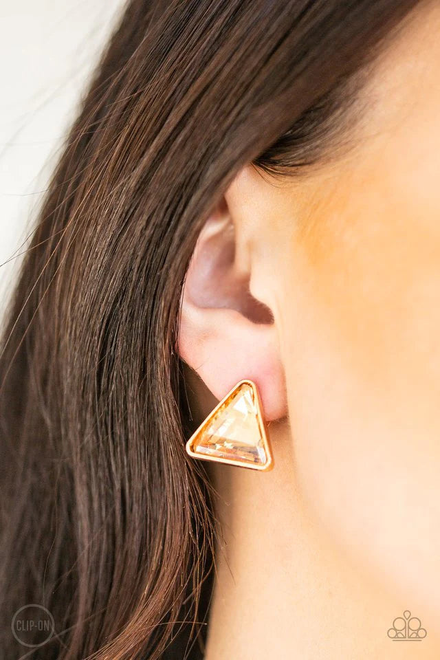 Timeless In Triangles - Gold Clip-On Earring-Paparazzi - The Sassy Sparkle