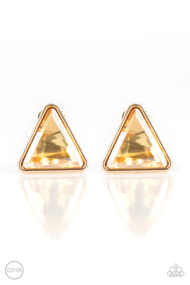 Timeless In Triangles - Gold Clip-On Earring-Paparazzi - The Sassy Sparkle