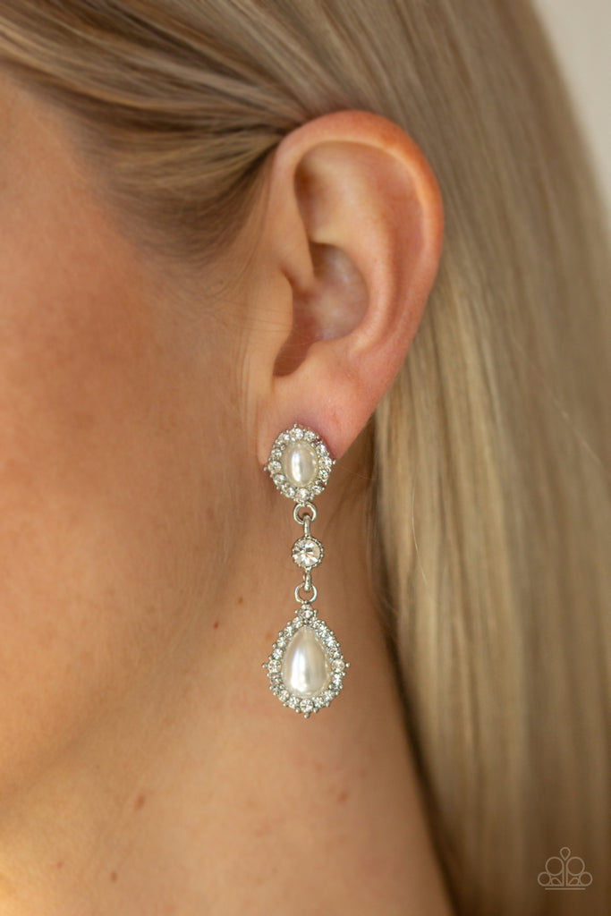 All-GLOWING-White Earring-Pearl-Rhinestone Post-Paparazzi - The Sassy Sparkle