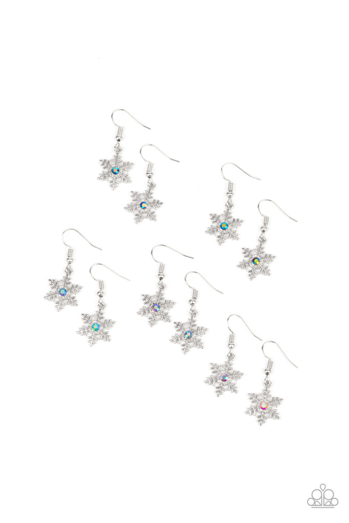 set of snowflake earrings with iridescent rhinestones of different colors.  $1 each and sold as a set of 5 for $5