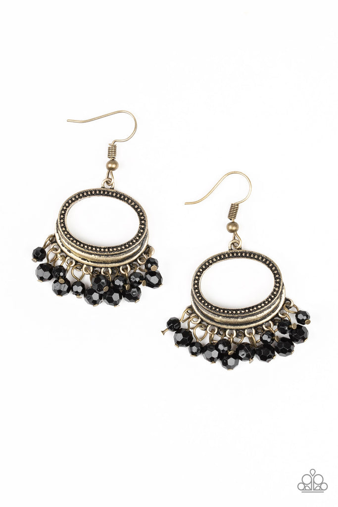 Glittery black crystal-like beads swing from the bottom of a studded round brass frame, creating a twinkling fringe. Earring attaches to a standard fishhook fitting.  Sold as one pair of earrings.
