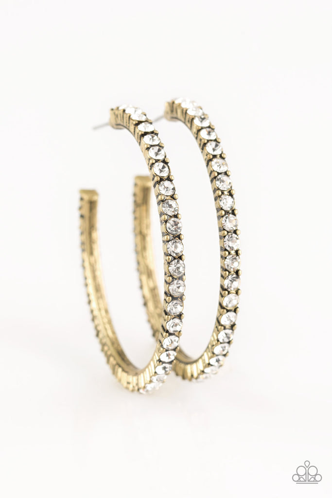 Must Be The Money-Brass and White Rhinestone Hoop Earrings-Paparazzi - The Sassy Sparkle