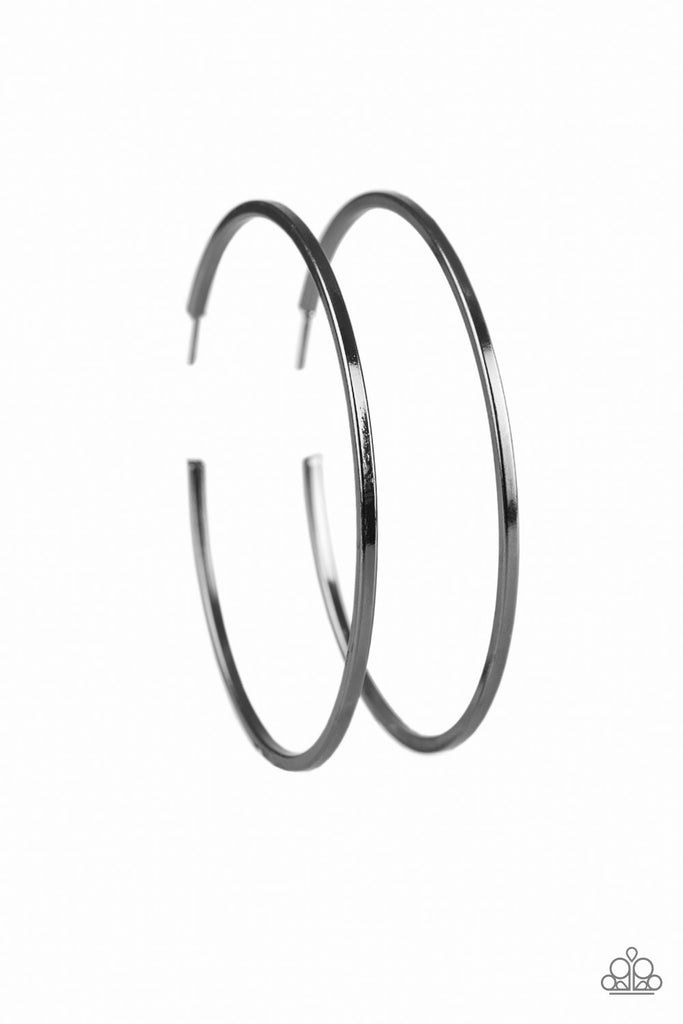 A glistening gunmetal hoop curls around the ear for a casual look. Earring attaches to a standard post fitting. Hoop measures 2 1/2" in diameter.  Sold as one pair of hoop earrings.