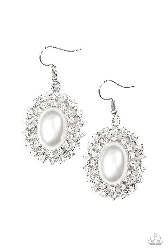 Mega Movie Star-White Earrings-Pearl-rhinestone-Paparazzi - The Sassy Sparkle