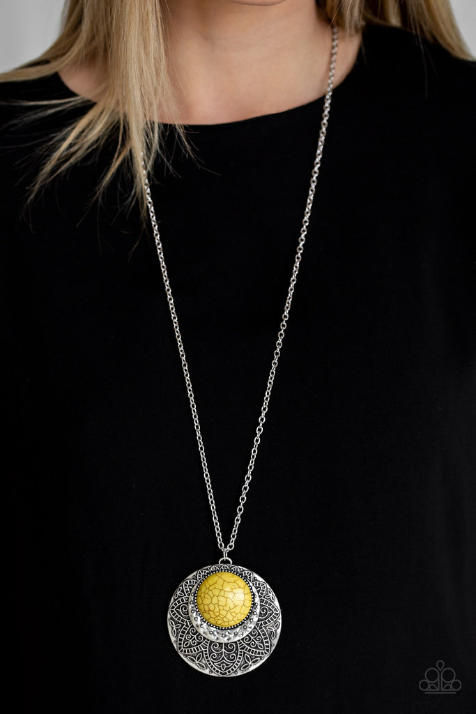 Medallion Meadow-Yellow Necklace-Stone-Pendant-Long-Paparazzi - The Sassy Sparkle