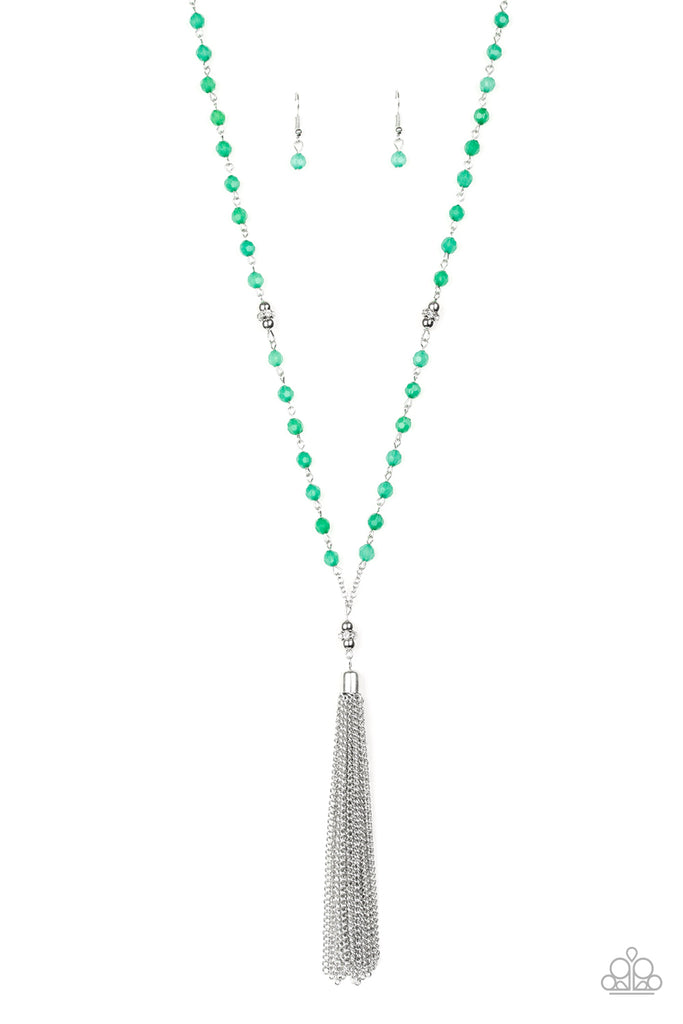 Tassel Takeover-Green- Paparazzi necklace-Y-Shaped-Tassel - The Sassy Sparkle