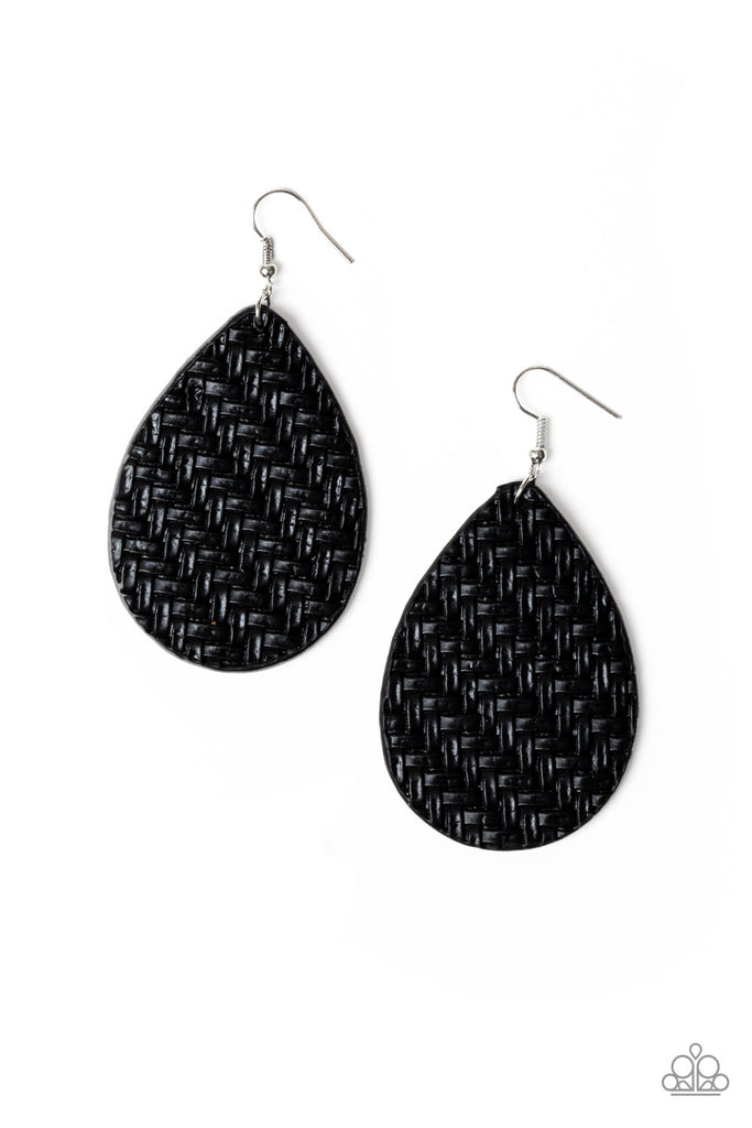 Teardrop Trend - Black Leather Earring-Paparazzi