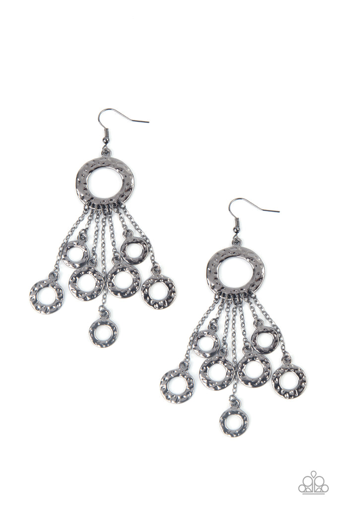 Attached to dainty gunmetal chains, a fringe of hammered gunmetal rings swings from the bottom of a matching hammered ring for a noise-making statement. Earring attaches to a standard fishhook fitting.  Sold as one pair of earrings.