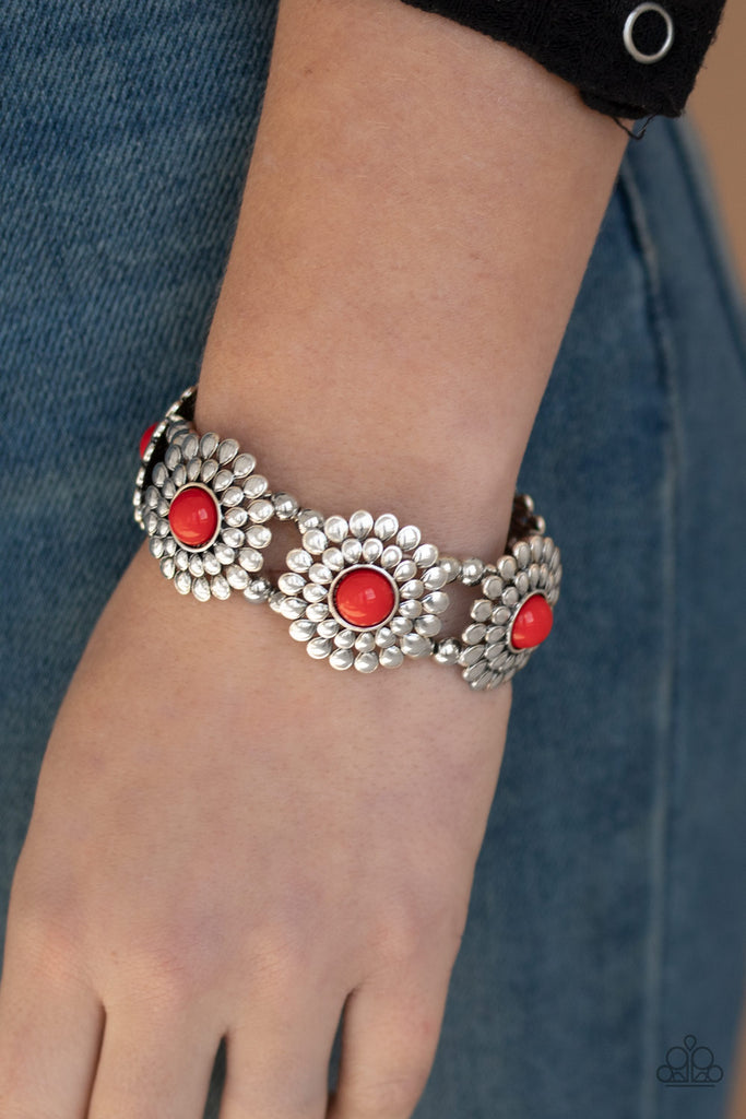 Paparazzi-Bountiful Blossoms-Red and Silver Bracelet-Stretchy - The Sassy Sparkle