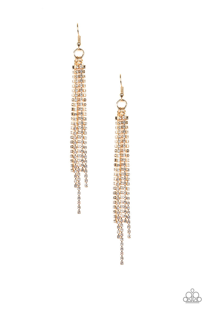 Featuring sleek square fittings, strands of glittery white rhinestones freefall from the ear, creating a glamorous fringe. Earring attaches to a standard fishhook fitting.  Sold as one pair of earrings.
