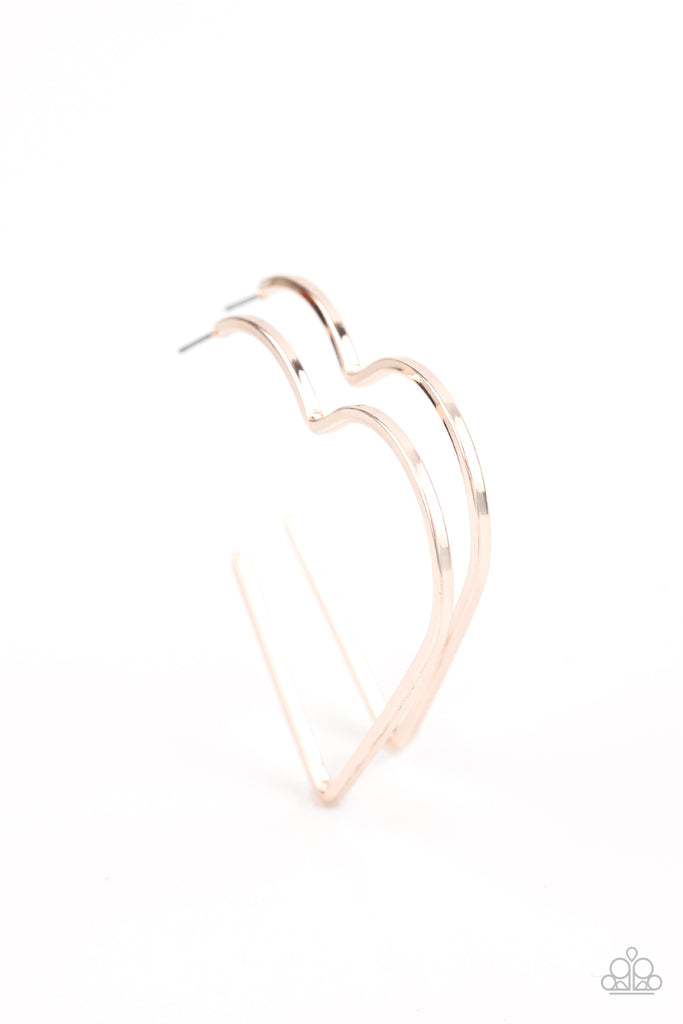 A flat rose gold bar delicately bends into an airy heart frame for a flirtatious finish. Earring attaches to a standard post fitting. Hoop measures approximately 2" in diameter.  Sold as one pair of hoop earrings.