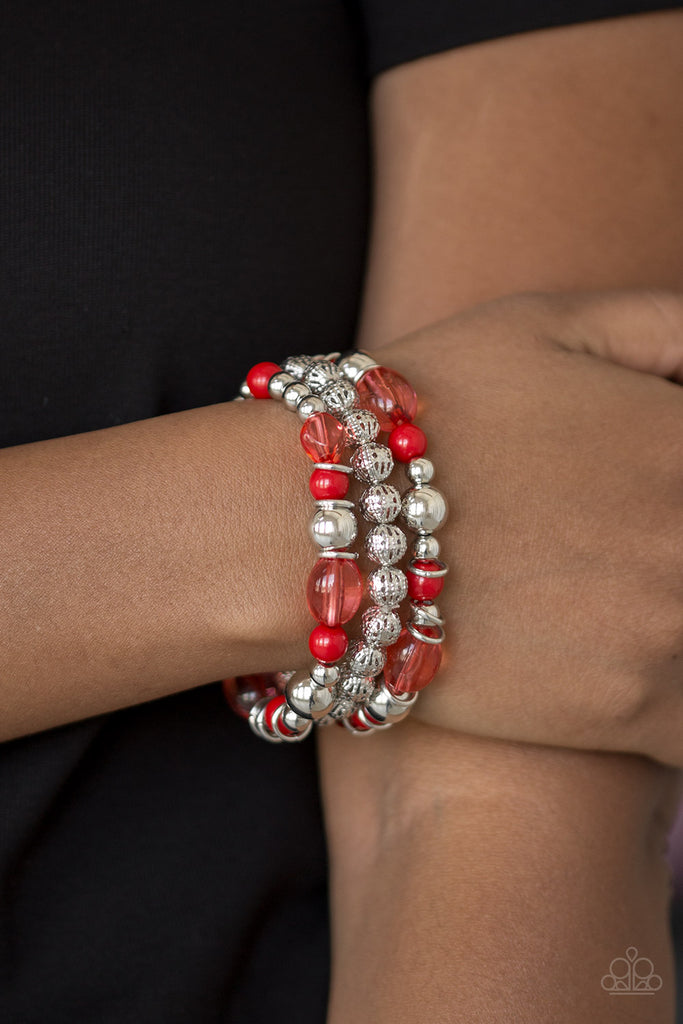 Paparazzi Malibu Marina-Red And Silver Bracelet-set of 3-stretchy - The Sassy Sparkle