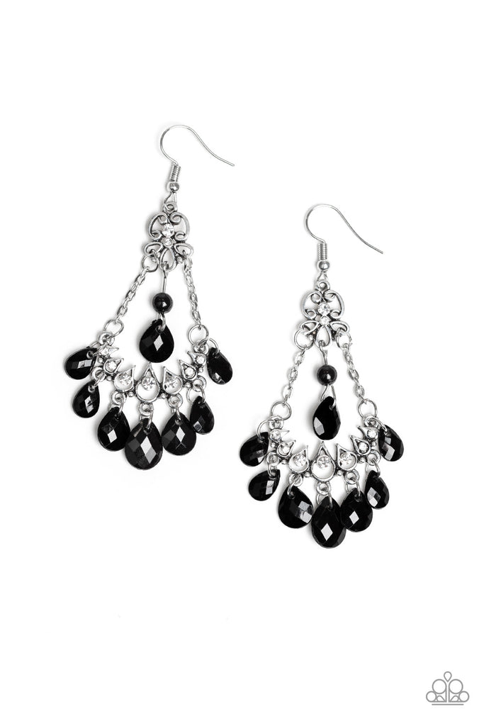 Faceted black teardrop beads swing from the top and bottom of ornate silver frames suspended by chains. Dainty white rhinestones are sprinkled across the silver teardrop filigree decor for a whimsical finish. Earring attaches to a standard fishhook fitting.  Sold as one pair of earrings.  paparazzi vintage 2019