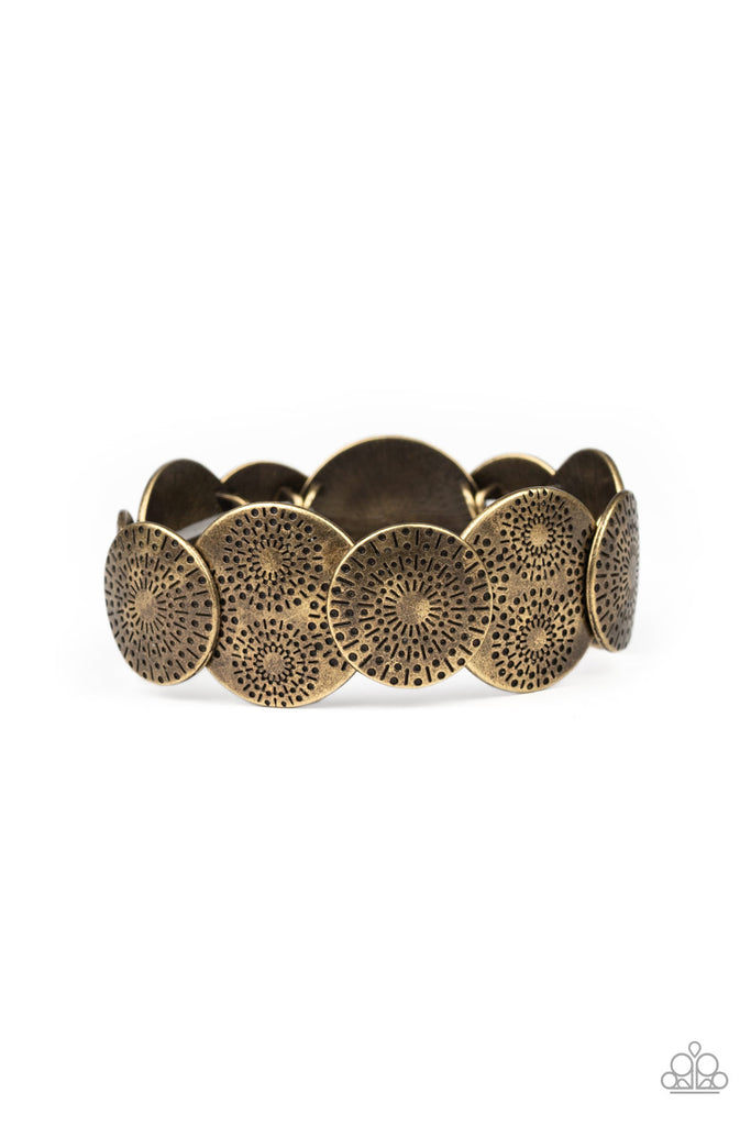 Hammered in a collection of dandelion-like patterns, mismatched brass frames are threaded along stretchy bands around the wrist for a whimsically seasonal look.  Sold as one individual bracelet.