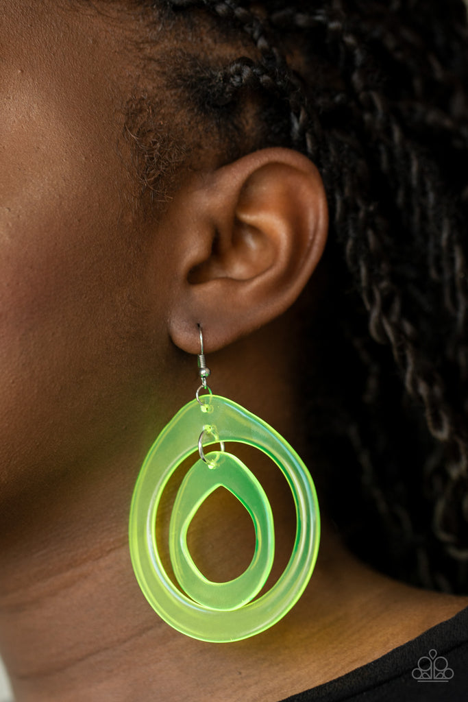 Featuring asymmetrical shapes, neon yellow acrylic hoops link into a dizzying lure for an out-of-this-world experience. Earring attaches to a standard fishhook fitting.  Sold as one pair of earrings.