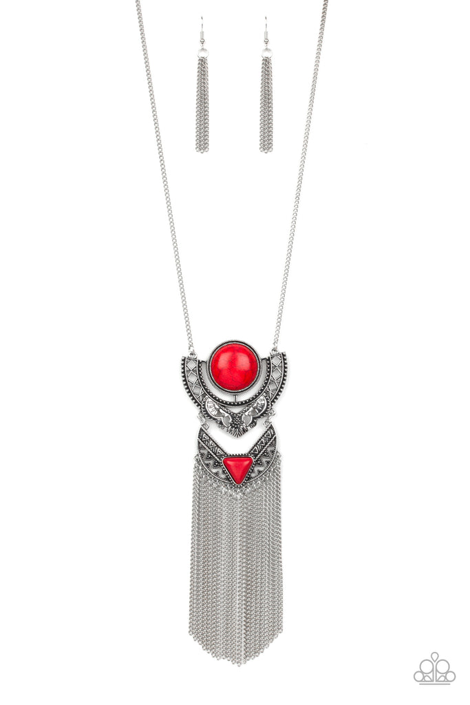 Paparazzi-Spirit Trek-Red Stone Long Silver Necklace - The Sassy Sparkle