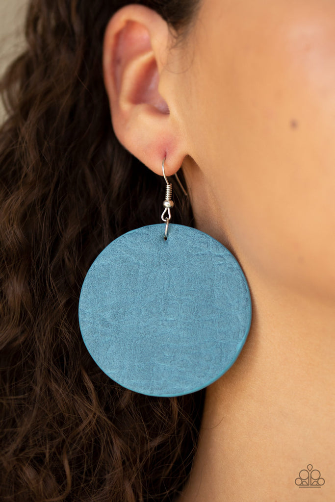 Featuring a textured finish, a refreshing Blue stone leather frame swings from the ear for a trendy look. Earring attaches to a standard fishhook fitting.  Sold as one pair of earrings.