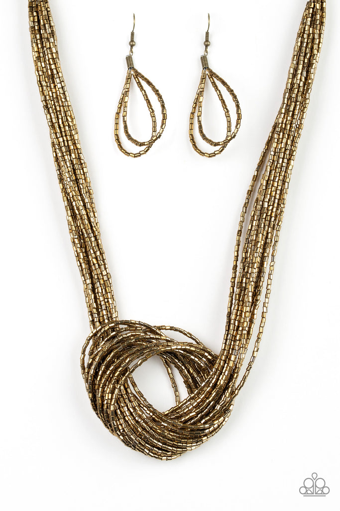 Knotted Knockout - Brass Seed Bead Necklace-Paparazzi