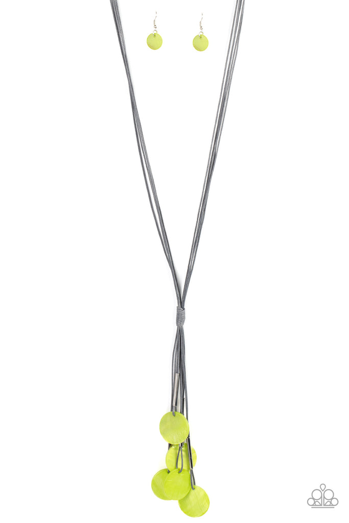 Featuring cylindrical silver accents, iridescent lime green shell-like discs swing from the ends of knotted Ultimate Gray cords, creating a colorful tassel. Features an adjustable sliding knot closure.  Sold as one individual necklace. Includes one pair of matching earrings.