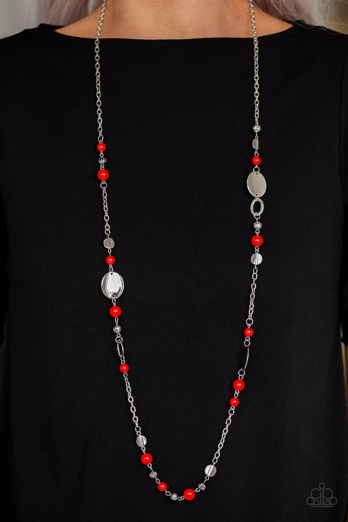 Paparazzi-Serenely Springtime -Red and Silver long necklace - The Sassy Sparkle