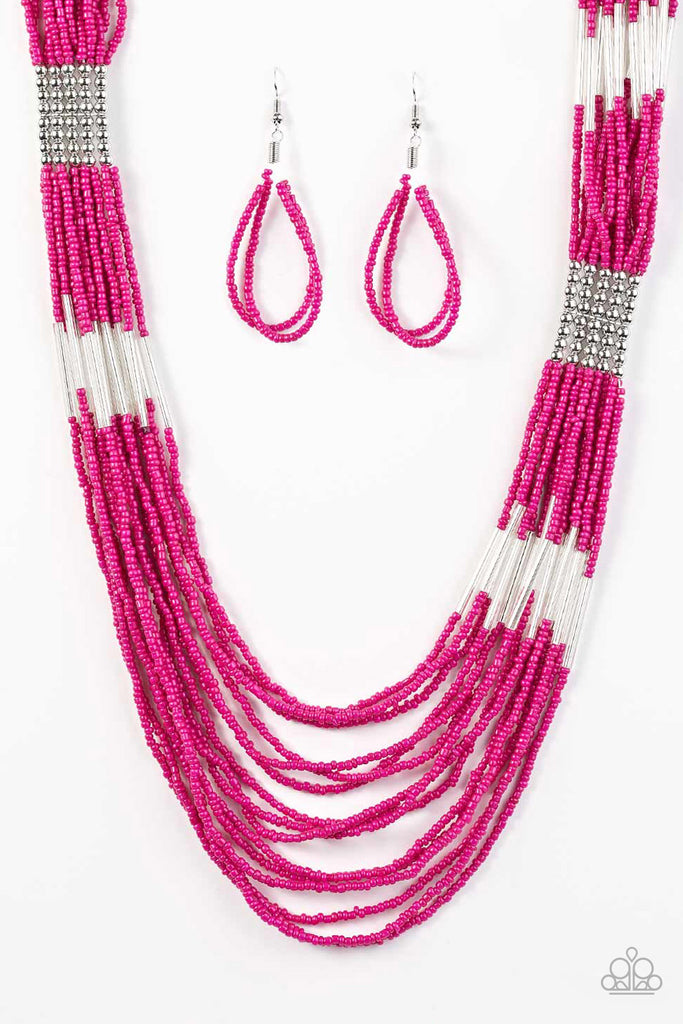Countless strands of pink seed beads drape across the chest in a layered cascade. Accented with classic silver beading, glassy cylindrical beading is added to the display for a radiant finish. Features an adjustable clasp closure.  Sold as one individual necklace. Includes one pair of matching earrings.