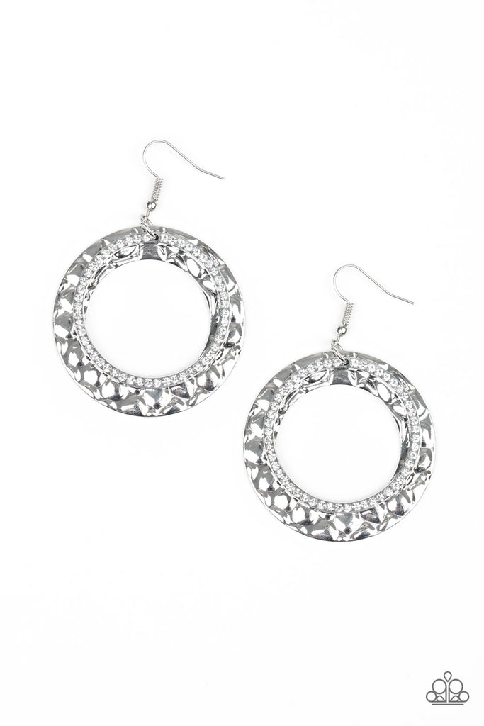 Cinematic Shimmer-White Earrings-Rhinestones and Silver-Paparazzi - The Sassy Sparkle