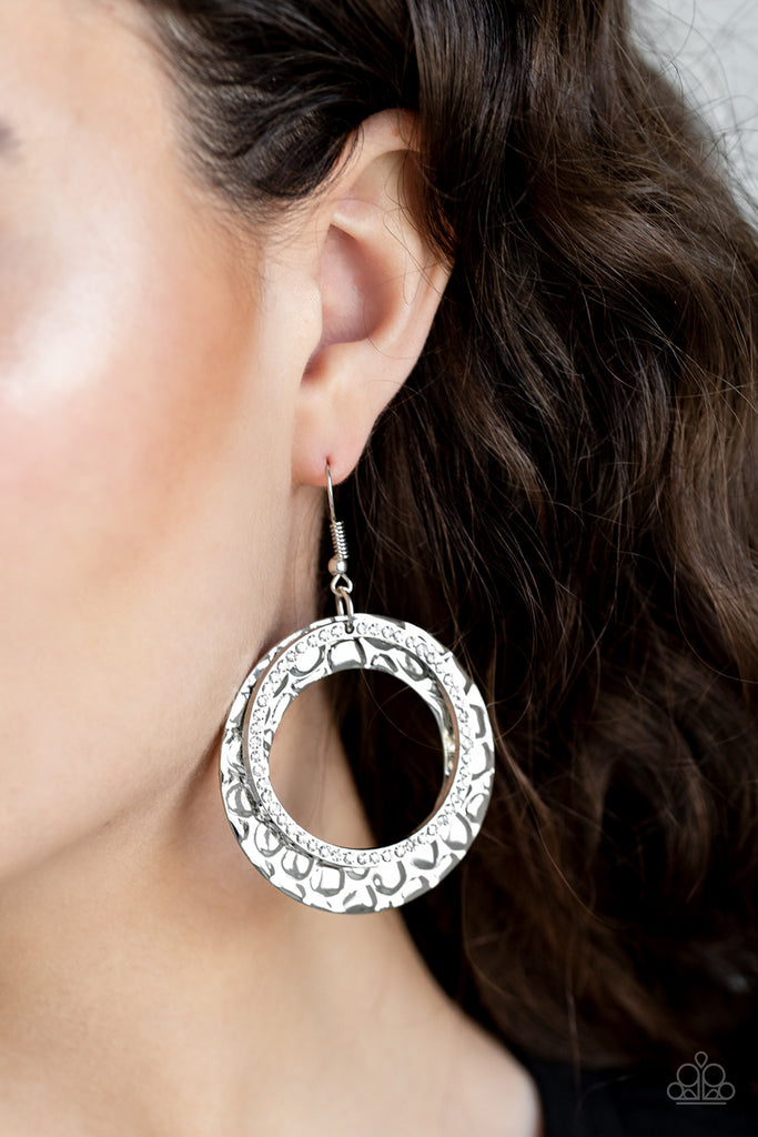 Cinematic Shimmer-White Earrings-Rhinestones and Silver-Paparazzi - The Sassy Sparkle