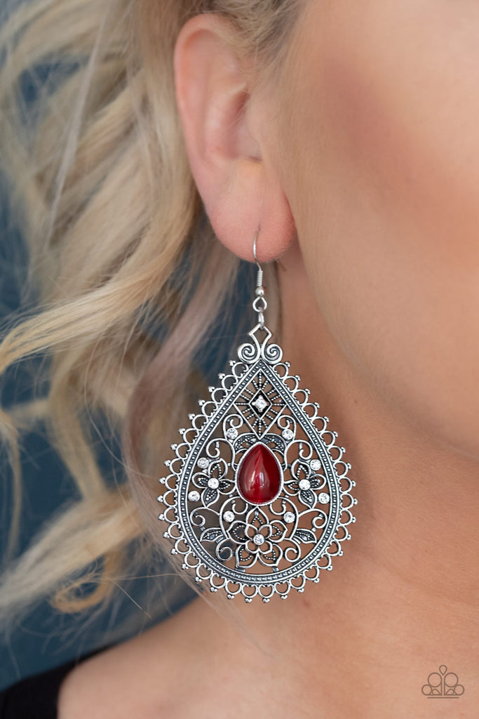 Paparazzi-Eden Glow-red Moonstone-White Rhinestone and Silver Earrings - The Sassy Sparkle