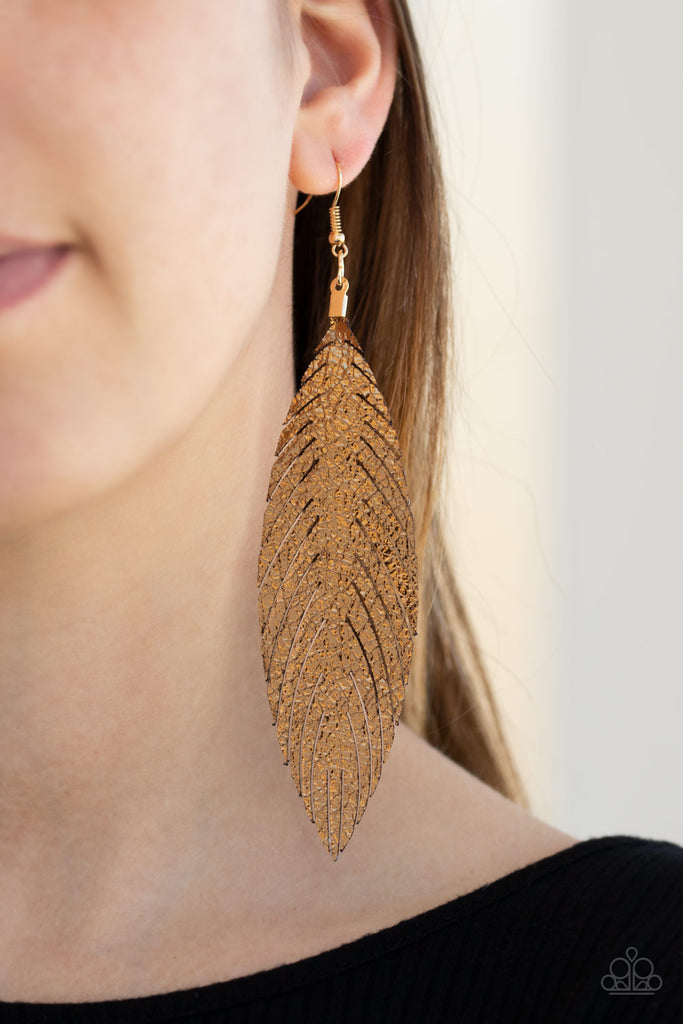 Feather Fantasy-Gold $5 Paparazzi Leather Earrings-Metallic Shimmer - The Sassy Sparkle