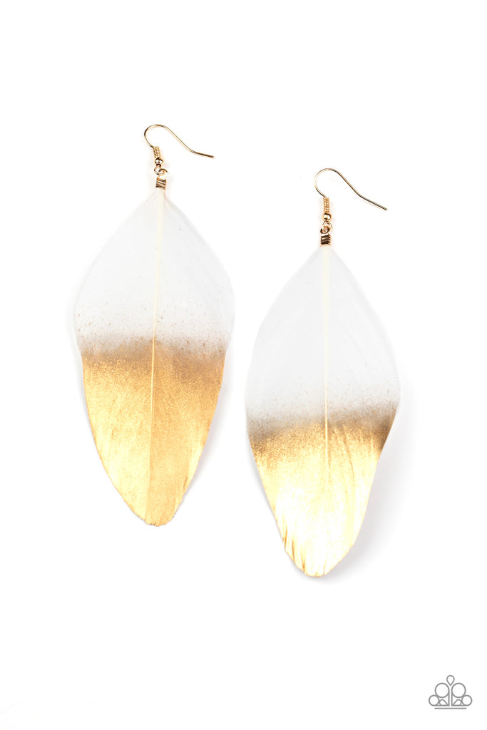 Fleek Feathers-White and Gold Feather Earrings-Paparazzi - The Sassy Sparkle