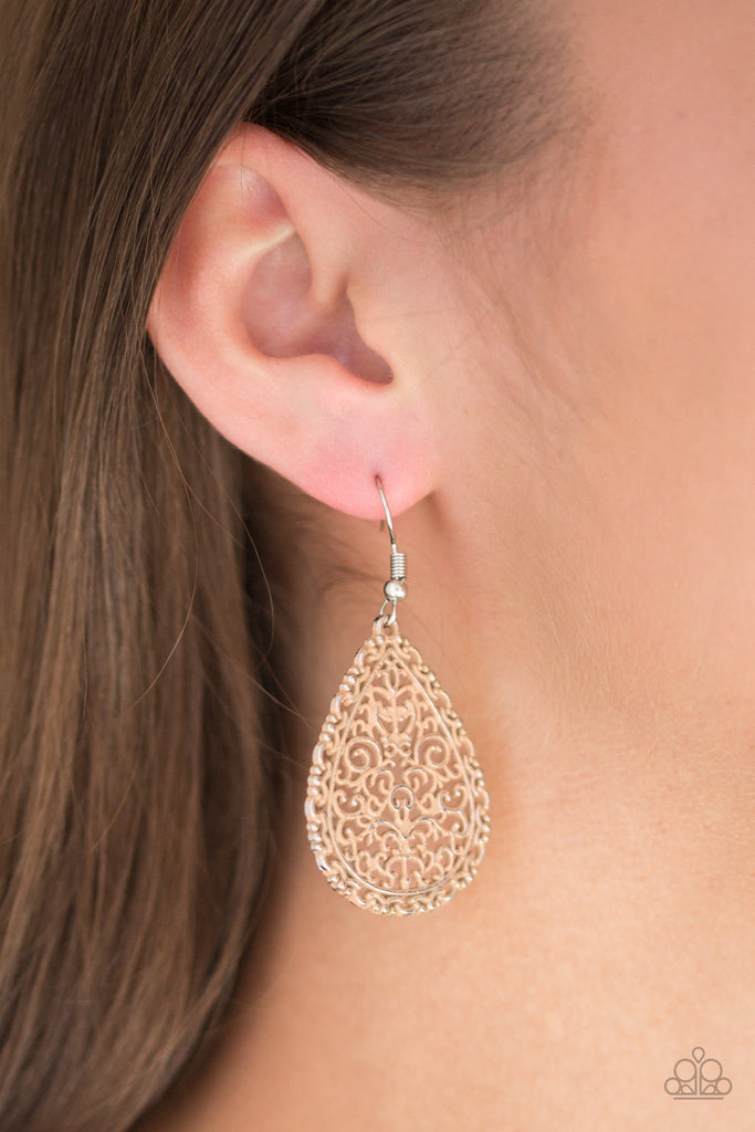 Brushed in a neutral brown finish, vine-like filigree climbs a shimmery silver teardrop for a whimsical look. Earring attaches to a standard fishhook fitting.  Sold as one pair of earrings.