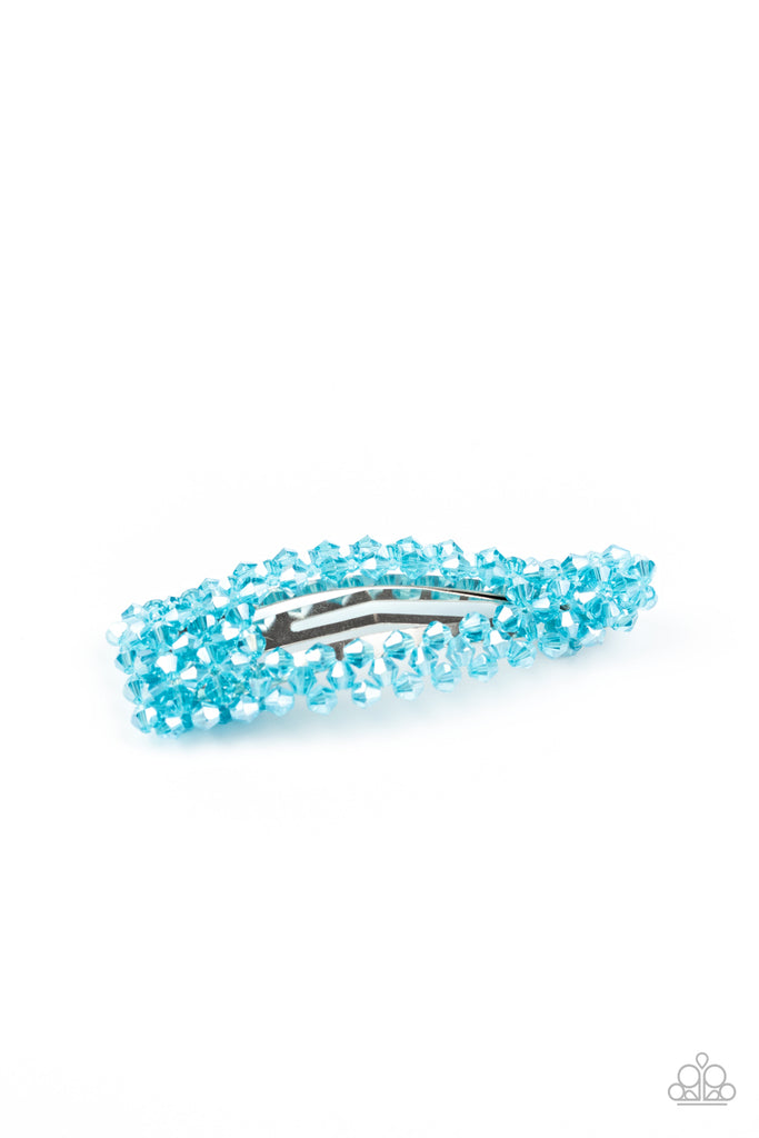 Faceted blue crystal-like beads bedazzle the front of a silver hair clip, creating a glittering piece. Features a standard snap hair clip on the back.  Sold as one individual hair clip.