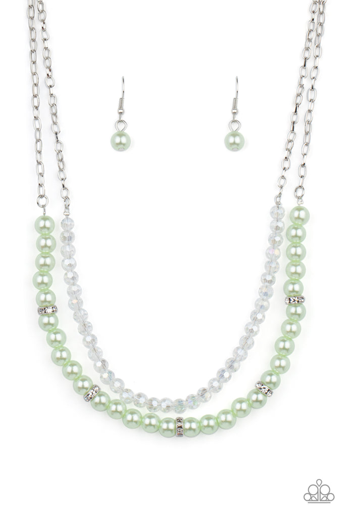 A strand of glassy white crystal-like beads and pearly Green Ash beads and white rhinestone encrusted silver rings layer below the collar, creating a timeless display. Features an adjustable clasp closure.  Sold as one individual necklace. Includes one pair of matching earrings.