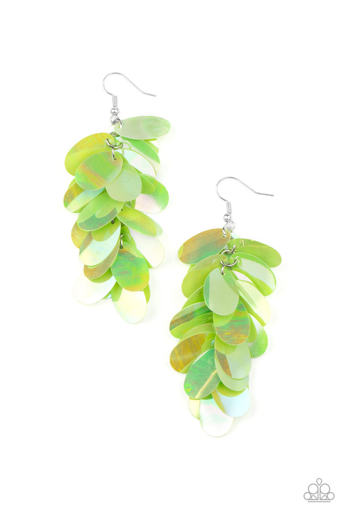 Featuring an iridescent shimmer, oversized oval green sequins cascade from the ear, creating a playful fringe. Earring attaches to a standard fishhook fitting.  Sold as one pair of earrings.