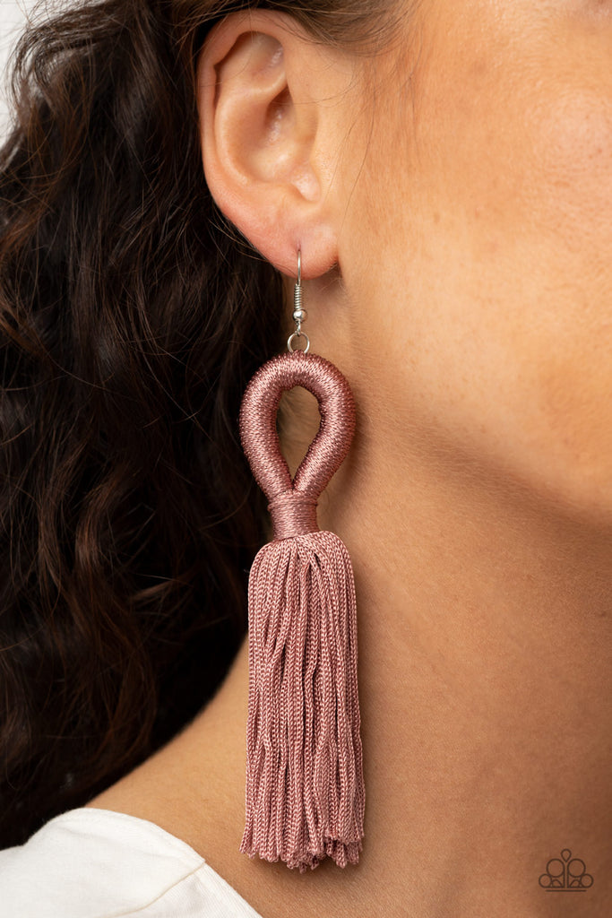 Shiny Rose Tan cording delicately loops and knots into an elegant tassel. Earring attaches to a standard fishhook fitting.  Sold as one pair of earrings.