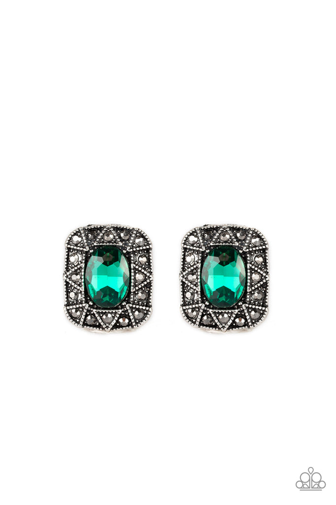 An oval green gem is pressed into a square silver frame radiating with glittery hematite rhinestones and triangular patterns for an edgy refinement. Earring attaches to a standard post fitting. Sold as one pair of post earrings