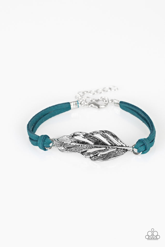 Strands of refreshing blue suede knot around a shimmery silver feather charm, creating a seasonal pendant atop the wrist. Features an adjustable clasp closure.   Sold as one individual bracelet.