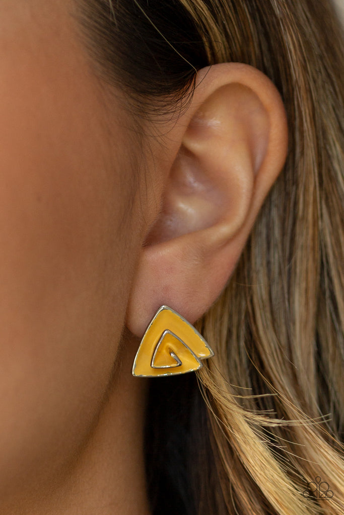 Painted in a rustic yellow finish, a triangular silver frame folds into a dainty frame for a trendy look. Earring attaches to a standard post fitting.  Sold as one pair of post earrings.