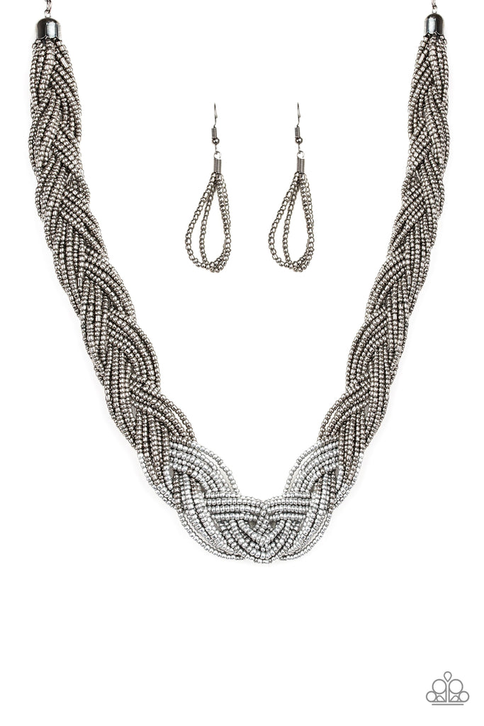 brazilian-brilliance-silverStrands of gunmetal seed beads create an indigenous braid below the collar. The gunmetal seed beads gradually morph into metallic silver beads at the center for a chic contrasting look. Features an adjustable clasp closure.  Sold as one individual necklace. Includes one pair of matching earrings.