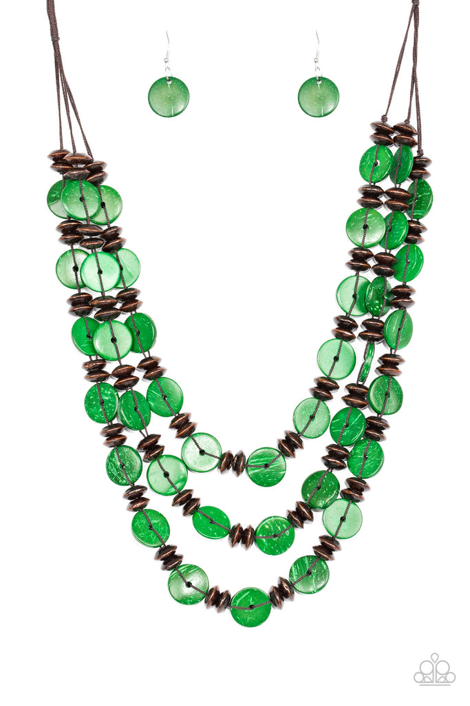 Brushed in a colorful finish, rows of refreshing green wooden discs and earthy brown beads are threaded along shiny brown cording for a summery look. Features a button loop closure.  Sold as one individual necklace. Includes one pair of matching earrings.  