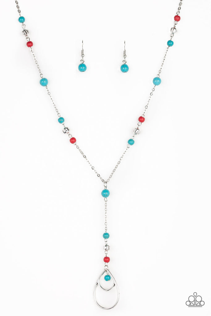 sandstone-savannahs-multi-8650 Infused with ornate silver beads, refreshing turquoise and red stones trickle along a shimmery silver chain for a seasonal look. A glistening silver teardrop pendant swings from the bottom for a whimsical finish. Features an adjustable clasp closure.  Sold as one individual necklace. Includes one pair of matching earrings.