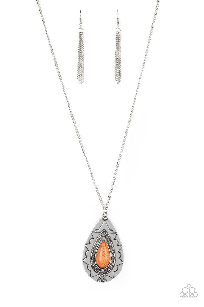 Chiseled into a tranquil teardrop, a vivacious orange stone is pressed into an ornate silver frame. The whimsical pendant swings from the bottom of a lengthened silver chain for a seasonal look. Features an adjustable clasp closure.  Sold as one individual necklace. Includes one pair of matching earrings.