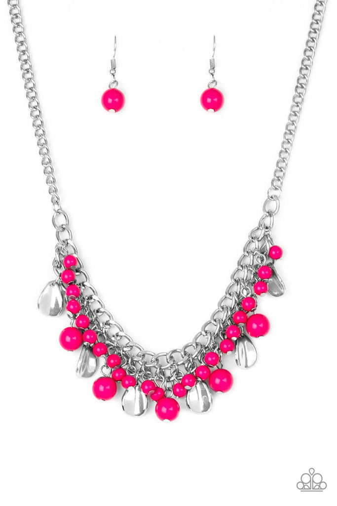 Flirty pink beads and curved silver teardrops swing from the bottom of interlocking silver chains, creating a flirtatious fringe below the collar. Features an adjustable clasp closure.  Sold as one individual necklace. Includes one pair of matching earrings.