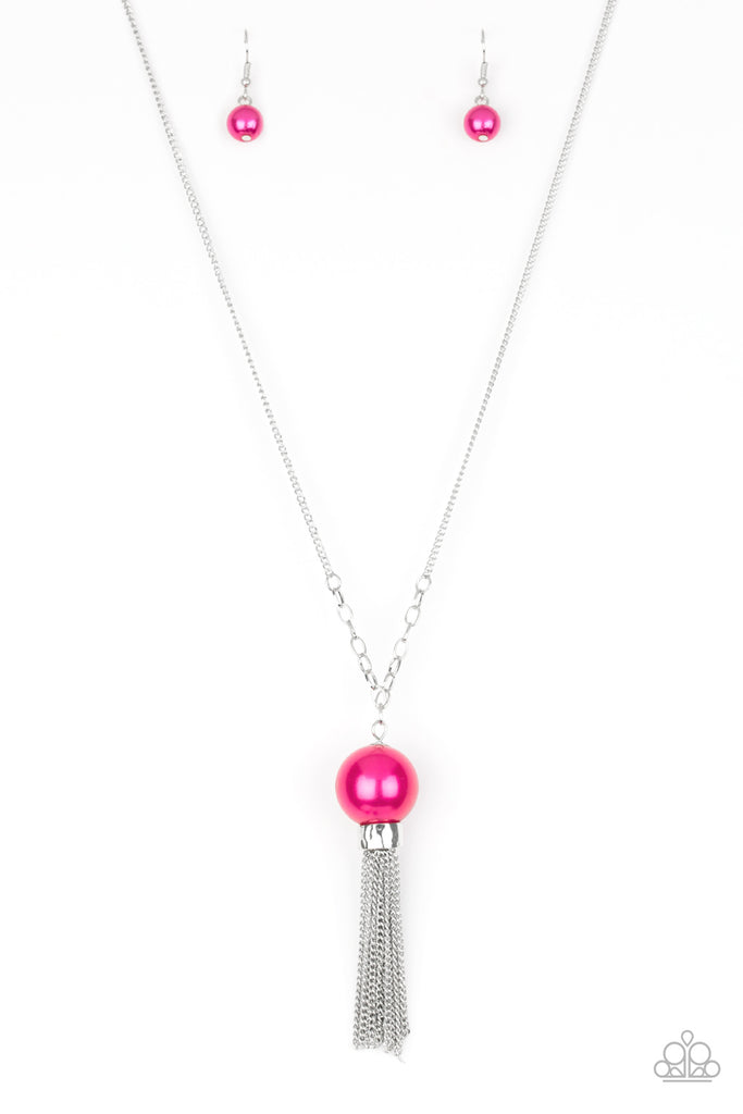 A dramatic pearly Granita bead swings from the bottom of an elegantly elongated silver chain. Featuring a hammered fitting, a silver tassel streams from the bottom of the colorful pendant for a whimsical finish. Features an adjustable clasp closure.  Sold as one individual necklace. Includes one pair of matching earrings.