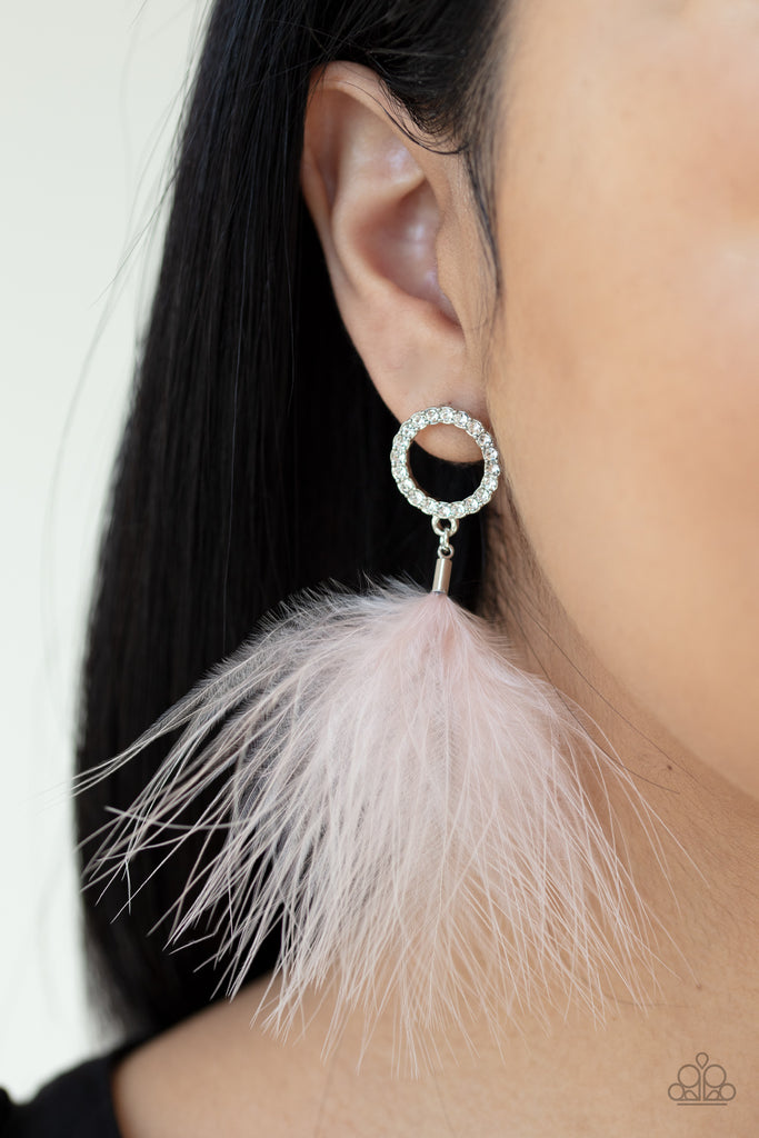 A fuzzy pink feather swings from the bottom of a white rhinestone encrusted silver ring, creating a refined lure. Earring attaches to a standard post fitting.  Sold as one pair of post earrings.