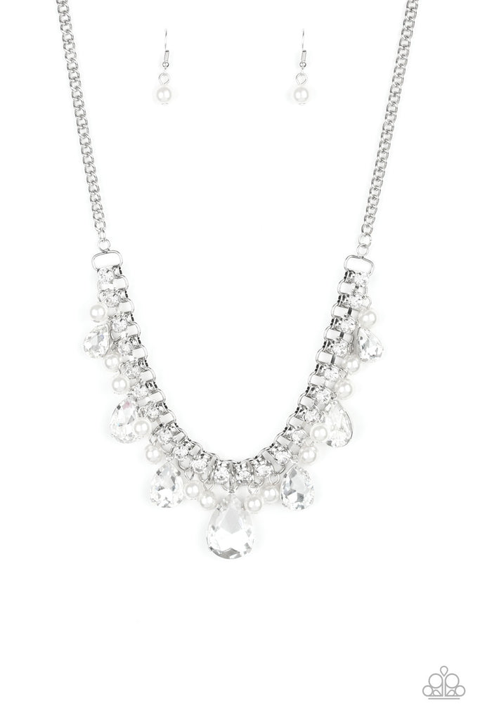 Knockout Queen-White Rhinestone and Pearl Paparazzi Necklace - The Sassy Sparkle